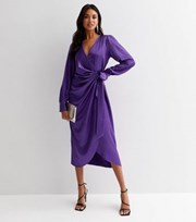 New Look Purple Satin V Neck Tie Side Long Sleeve Midi Wrap Dress